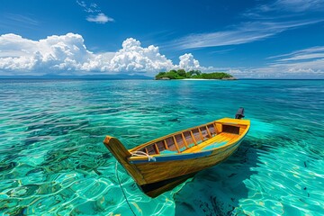 Boat In Turquoise Ocean Water Against Blue Sky