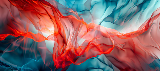 Luxurious abstract art featuring soft, flowing lines and geometric motifs, highlighted in a bold contrast of crimson red and sky blue, resembling an HD photograph
