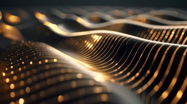 Glowing lines forming dynamic waves on dark background, suggestive of digital data flow or abstract technology