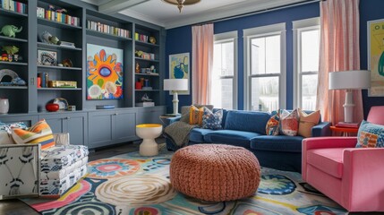 A vibrant living room featuring blue walls, a sectional sofa, and an eclectic mix of patterns and colors.