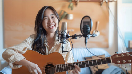 Fototapeta premium Asian woman influencer play guitar music use microphone record with smartphone for online audience listen at home. Female podcaster make audio podcast from her home studio, Stay at home concept.