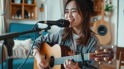 Asian woman influencer play guitar music use microphone record with smartphone for online audience...