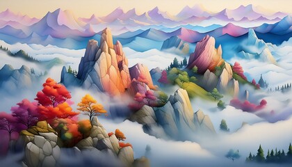 hyper realistic image intricate detail strong texture "Sculpture" fog mood calm morning mountain landscape illustration paint watercolor acrylic painted paper handmade drawing art