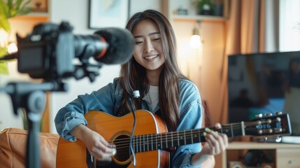 Fototapeta na wymiar Asian woman influencer play guitar music use microphone record with smartphone for online audience listen at home. Female podcaster make audio podcast from her home studio, Stay at home concept.