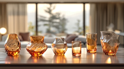Elegant Glassware Collection on a Wooden Table with a Scenic Ocean View Through the Window
