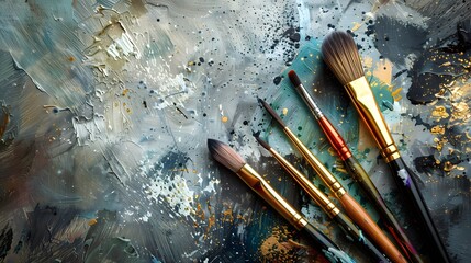 A set of brushes above a painting.
