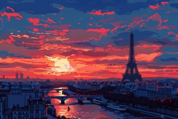 Artistic illustration of Paris, France at dusk with Eiffel Tower and glowing city lights