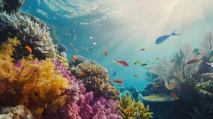 A picturesque view of a pristine coral reef bustling with marine life, illustrating the beauty and fragility of underwater biodiversity on International Day for Biological Diversity.