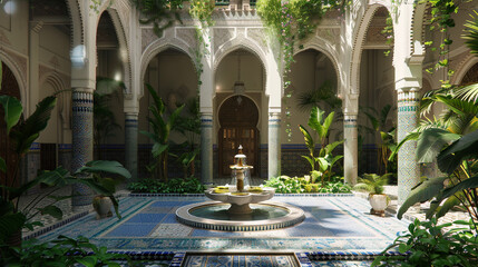 A Moroccan riad courtyard with mosaic tiles, a central fountain, and lush greenery.