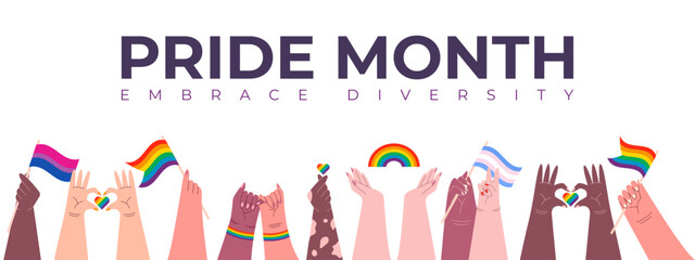 Pride Month LGBT Multiracial Hands Banner. People Holding Rainbow Bisexual and Transgender Flags. Celebrating Diversity and Love During Pride Month Vector Illustration.