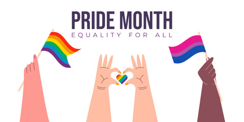 Pride Month Banner with Multiracial hands holding LGBTQ flags, showing rainbow heart. Gay people community celebrating diversity vector illustration.