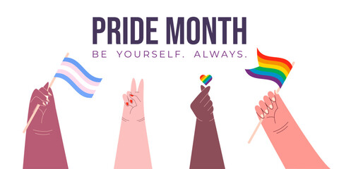 Pride Month Banner, Background. Multiracial people hands hold LGBTQ rainbow flag and transgender flag, show heart sign. Celebrating diversity and inclusion vector illustration.