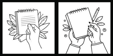 Hand-Drawn Line Art Sketch of a Hand Holding a Notebook. Vector Illustrations. EPS 10.