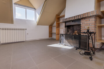 Chimney of a home with a security grill in an attic with skylight windows