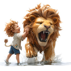 A 3D animated cartoon render of a powerful lion pulling a child to safety from the river.