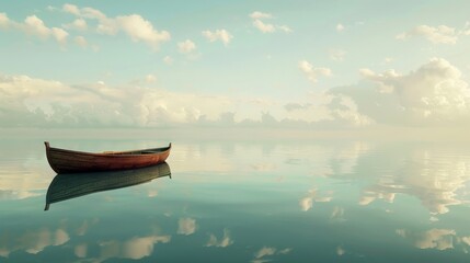 Visual concept of solitude as a single boat on a vast, mirror-like ocean - Powered by Adobe