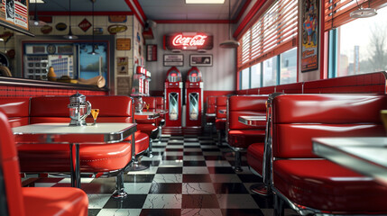 A retro diner corner with red vinyl booths, a jukebox, and checkerboard flooring.