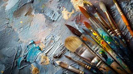 Fototapeta premium A set of brushes above a painting.