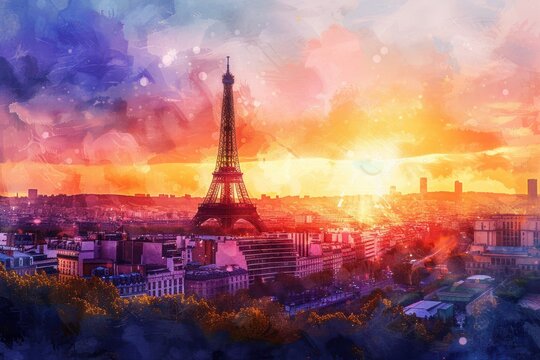 Landscape at the sunset of Paris, France - Eiffel Tower