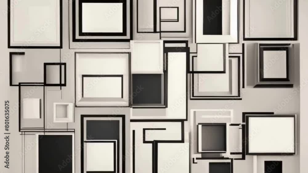 Aufkleber within square frames, animated sequences depict abstract shapes changing and evolving