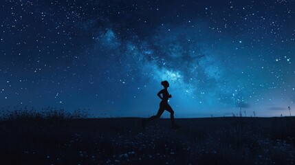 A picturesque view of a runner's silhouette against a starry night sky, evoking a sense of solitude and tranquility on Global Running Day.