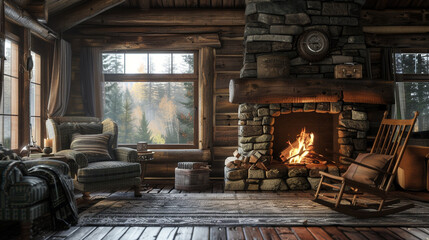 A rustic cabin-style retreat with a stone fireplace, a comfortable armchair, and a wooden rocking chair
