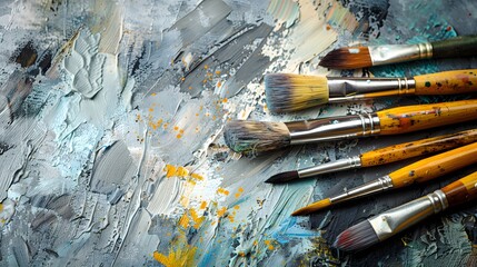 Obraz premium A set of brushes above a painting.
