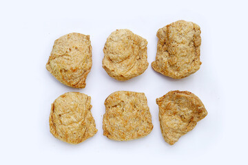 Textured soy protein on white background.