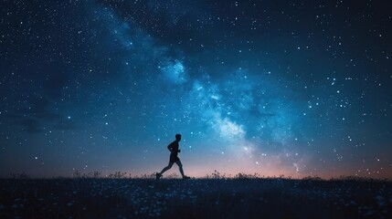 A picturesque view of a runner's silhouette against a starry night sky, evoking a sense of solitude and tranquility on Global Running Day.