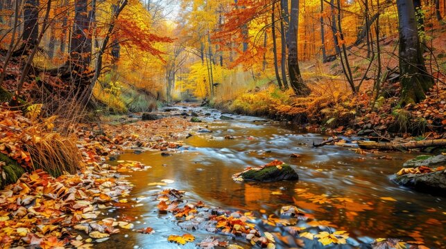 Vibrant autumn forest scene with colorful leaves and a small creek