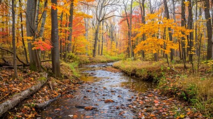 Fototapeta premium Vibrant autumn forest scene with colorful leaves and a small creek
