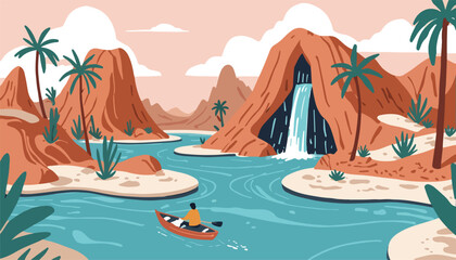 Obraz premium Paradise Illustrations of Lake Panorama Surrounded by Desert Mountains and Rivers with Some Trees.