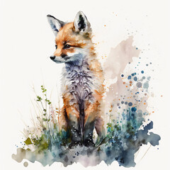 Obraz premium Watercolor Baby Fox Whimsical Forest Wildlife, baby cub,Nature,animal,Autumn,Woodland creatures,Gentle,Young,Earthy,portrait,playful,