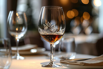 Elegant table setting featuring glasses with intricate white leaf designs, ambient lighting.