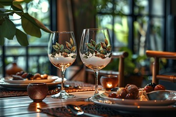 Elegant table setting featuring artistically painted glasses, dessert plates, and ambient lighting.