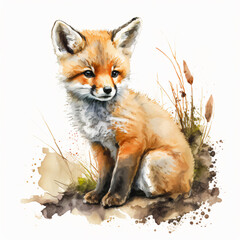 Obraz premium Watercolor Baby Fox Whimsical Forest Wildlife, baby cub,Nature,animal,Autumn,Woodland creatures,Gentle,Young,Earthy,portrait,playful,