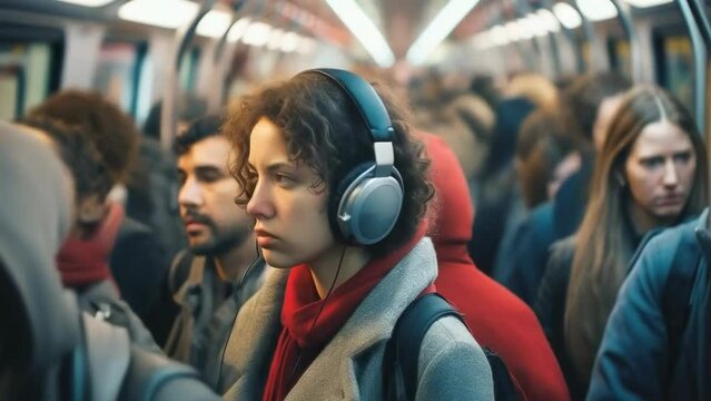 A young woman in red stands out in a packed subway, headphones on, immersed in her own world amidst the daily rush. A young girl in the middle of a crowd. Panic attack