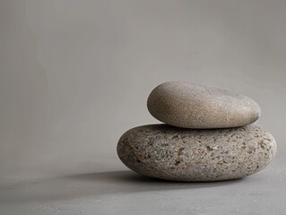 Stacked smooth river rocks on a gray background