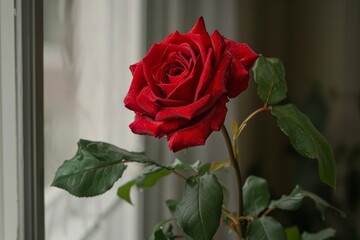 Close-up of a vibrant red rose with water droplets