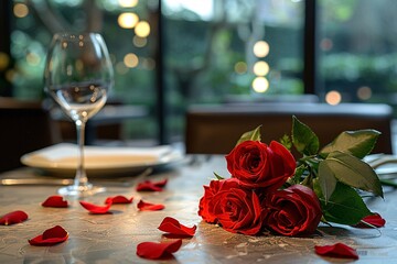 A romantic table setting with red roses and a wine glass in focus.