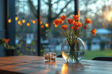 A clear vase with orange tulips on a wooden table inside a cafe at sunset.