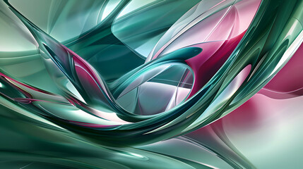 Vibrant abstract art with soft shapes and smooth lines in jade green and magenta, rendered to appear as if shot with an HD camera