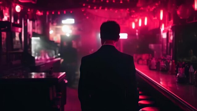 Silhouette of a man in a suit, back to the camera, in the moody red ambiance of a night bar, encapsulating solitude among the crowd. A depressed person with a panic attack