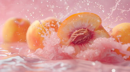 Juicy peach fruit with a pit in a cut on a bright pink background, with dynamic splashes of water and juice, represents a fresh and cooling nutrition concept, advertising image