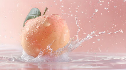Juicy nectarine fruit on a solid light pink background, with dynamic splashes of water, represents a fresh and cooling nutrition concept