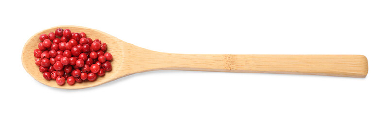 Aromatic spice. Red pepper in spoon isolated on white, top view