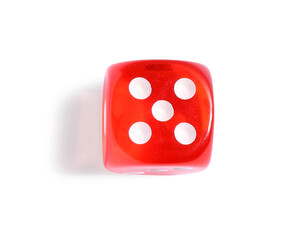 One red game dice isolated on white, top view