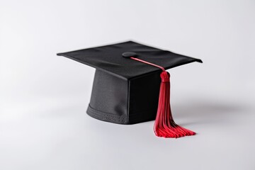 Graduation cap with red tassel on white background
