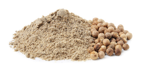 Aromatic spice. Ground and whole pepper isolated on white
