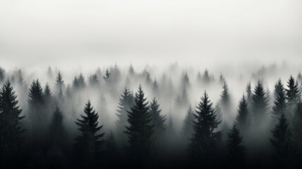 Silhouettes of coniferous trees shrouded in early morning mist, creating a serene and mysterious atmosphere - Generative AI